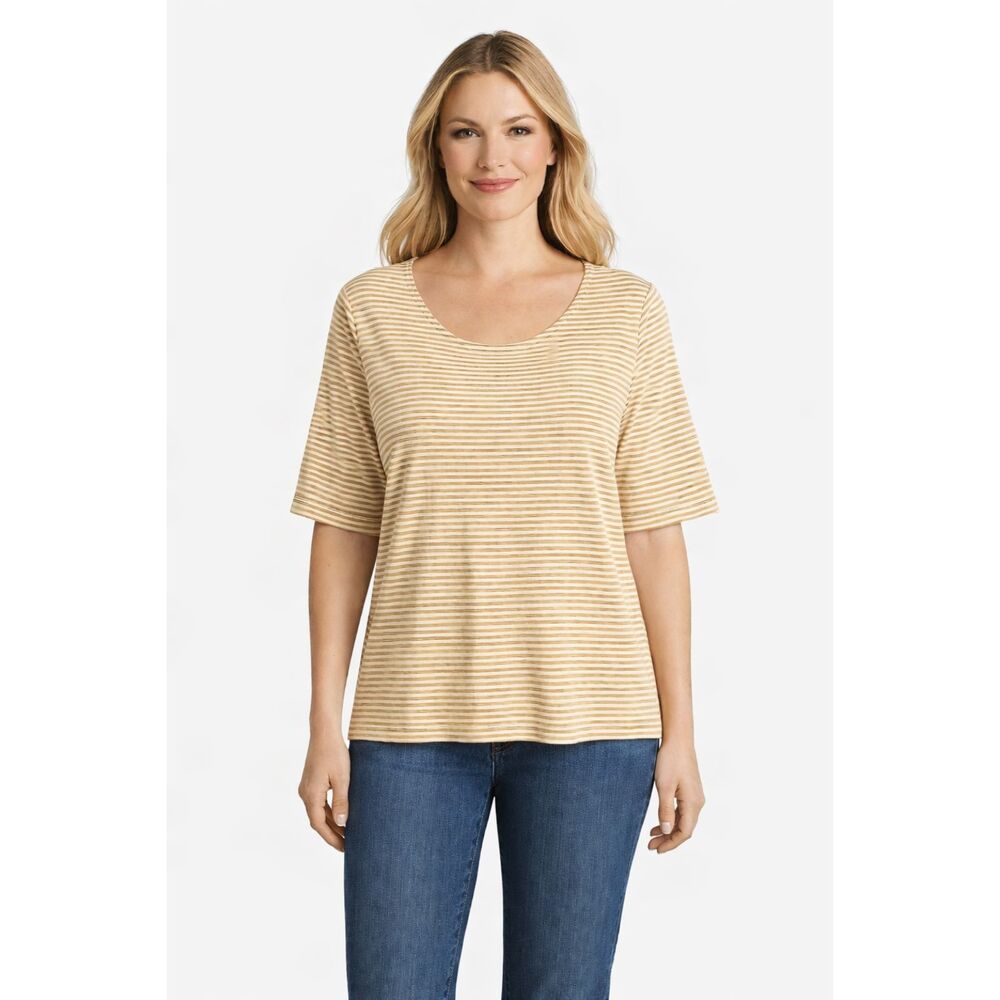 Chico's Cream and Tan Striped Short Sleeve Tee